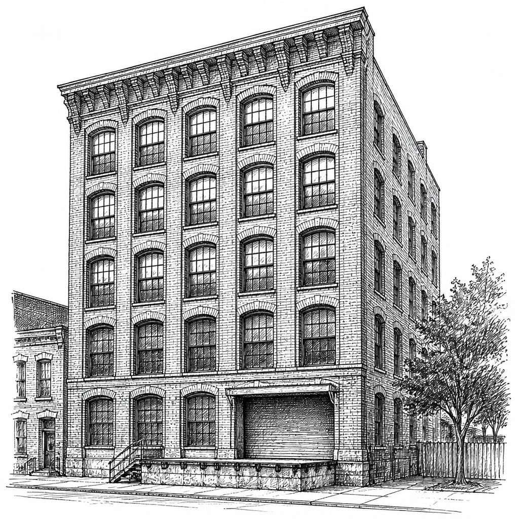Ink sketch of a Clinton Hill brick manufacturing building
