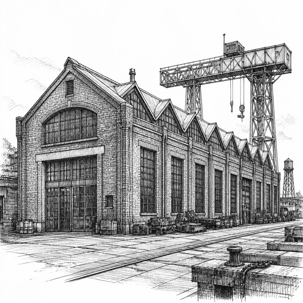 Ink sketch of a Brooklyn Navy Yard industrial building